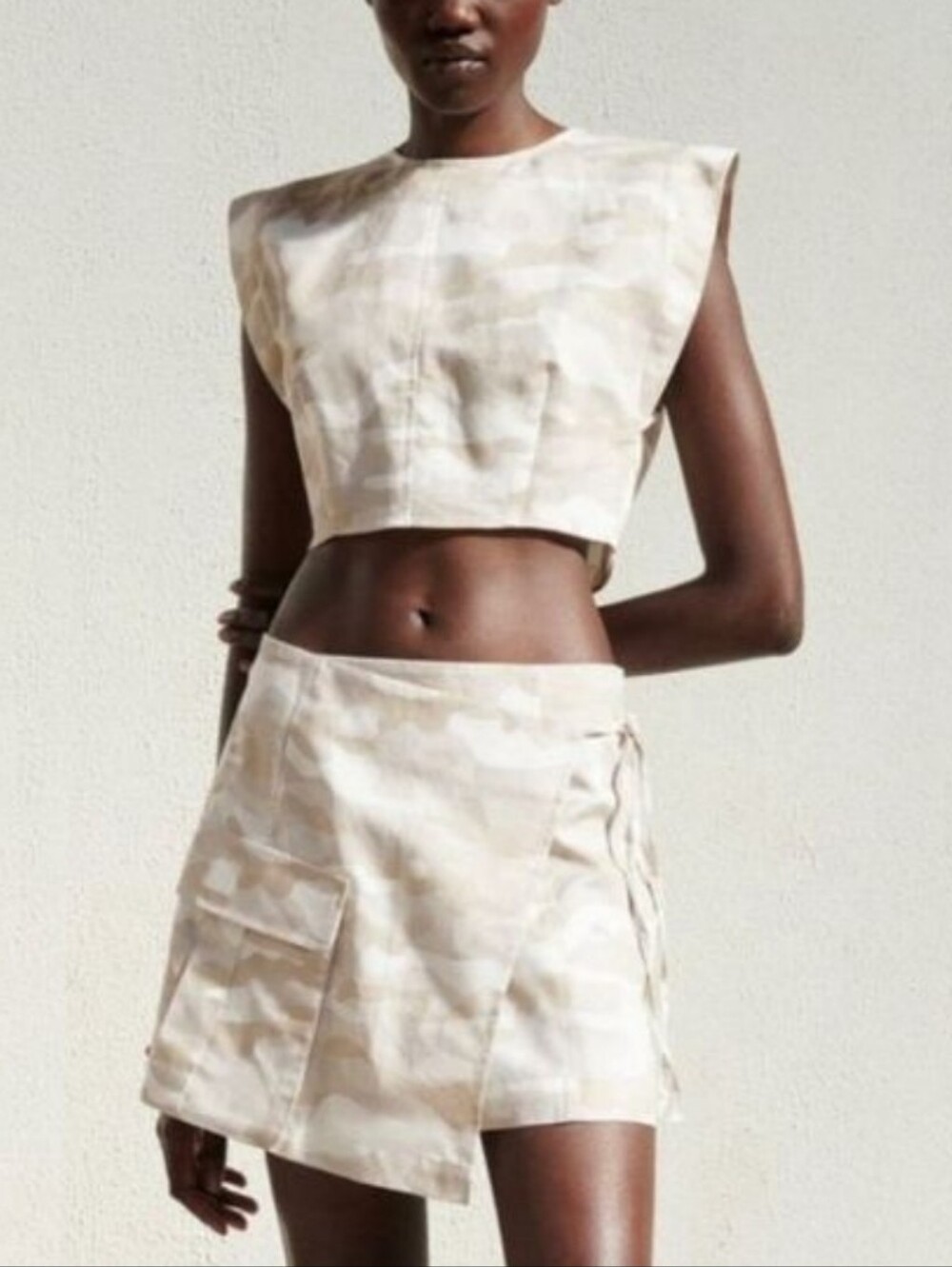 Zara Cotton Linen Camo Matching Set Cream Beige Camo Utility Wrap Skirt Crop Top